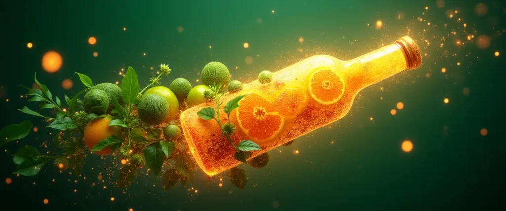 cápsula o célula de aspecto científico en tonos verdes y naranjas